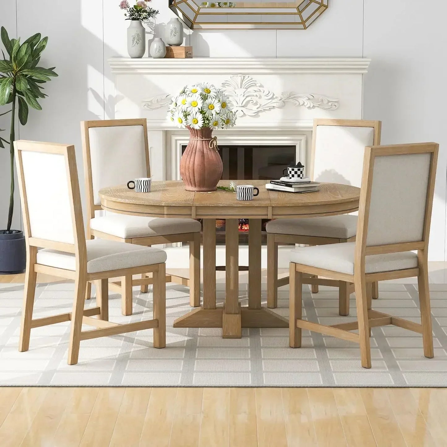 5-Piece Farmhouse Round Dining Table Set with 4 Upholstered Chairs