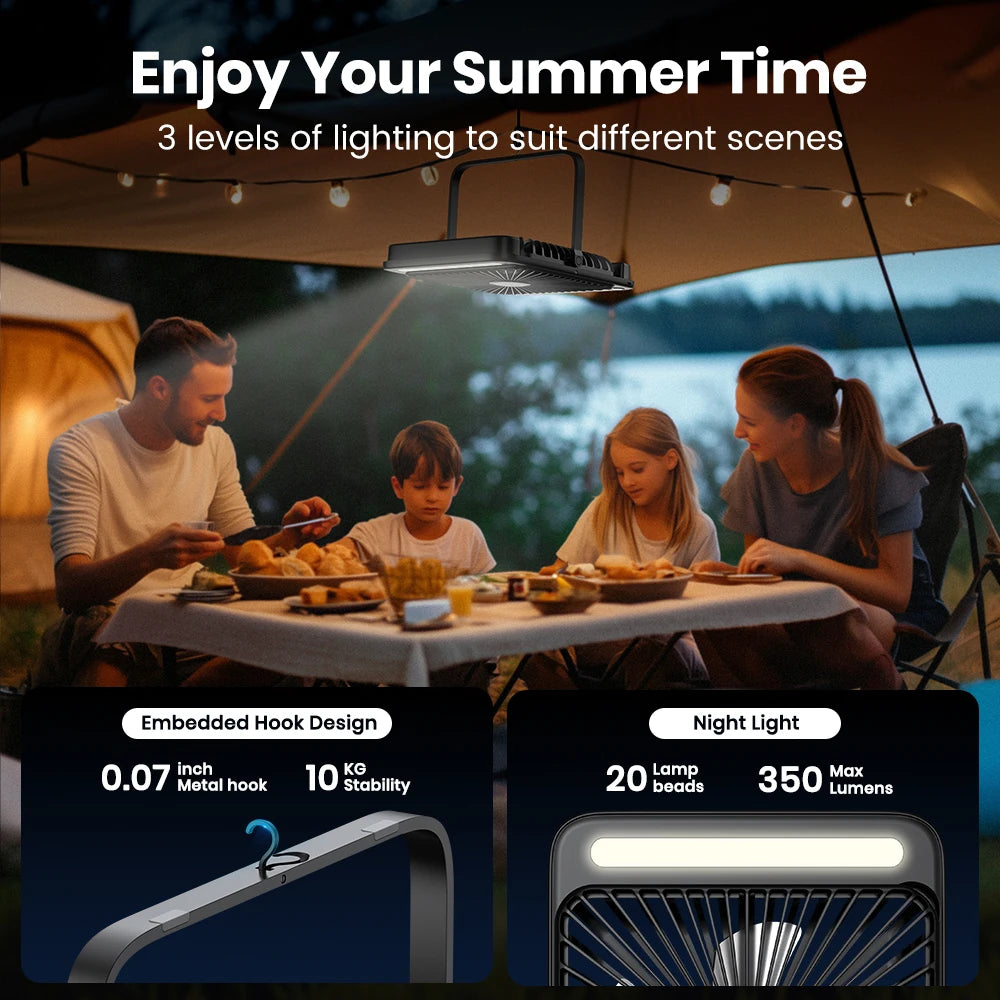 Ljustra 20000mAh Portable Camping Fan with LED Light Quiet Desk Fan