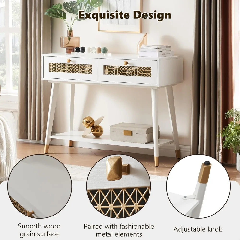 Mid Century Modern Console Table 2 Drawers Open Shelf Entryway Living Room