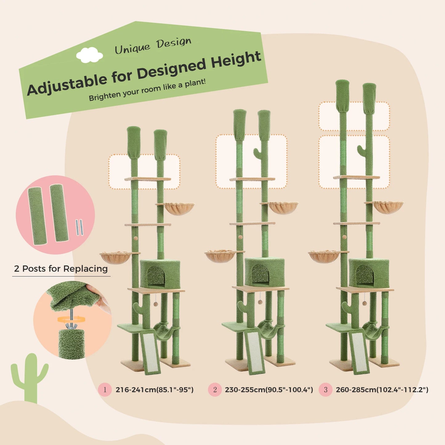 Cactus Cat Tree Floor to Ceiling 7 Tiers Adjustable Height 216-285CM