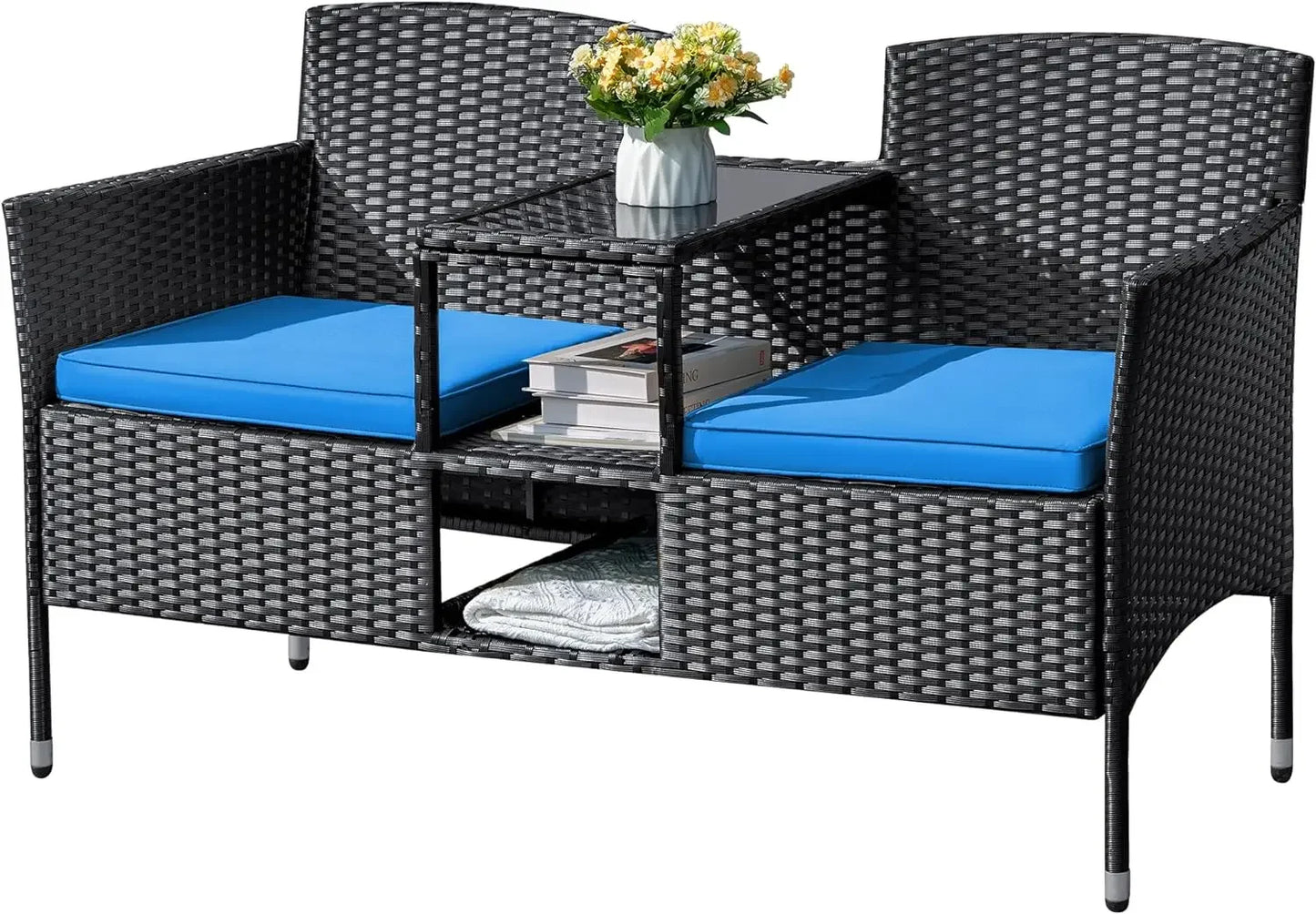 Ljustra Outdoor Loveseat Wicker Seat with Table Cushions Patio Bench