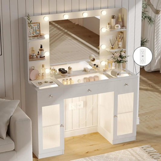 Makeup Vanity Desk with Mirror LED Lights Storage Drawers Cabinets