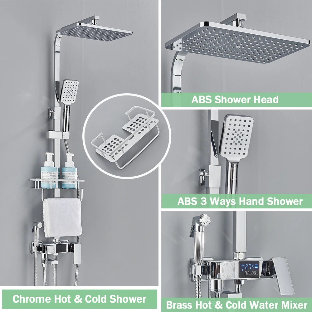 Black Digital Display Thermostatic Shower Faucet Rainfall Mixer Tap