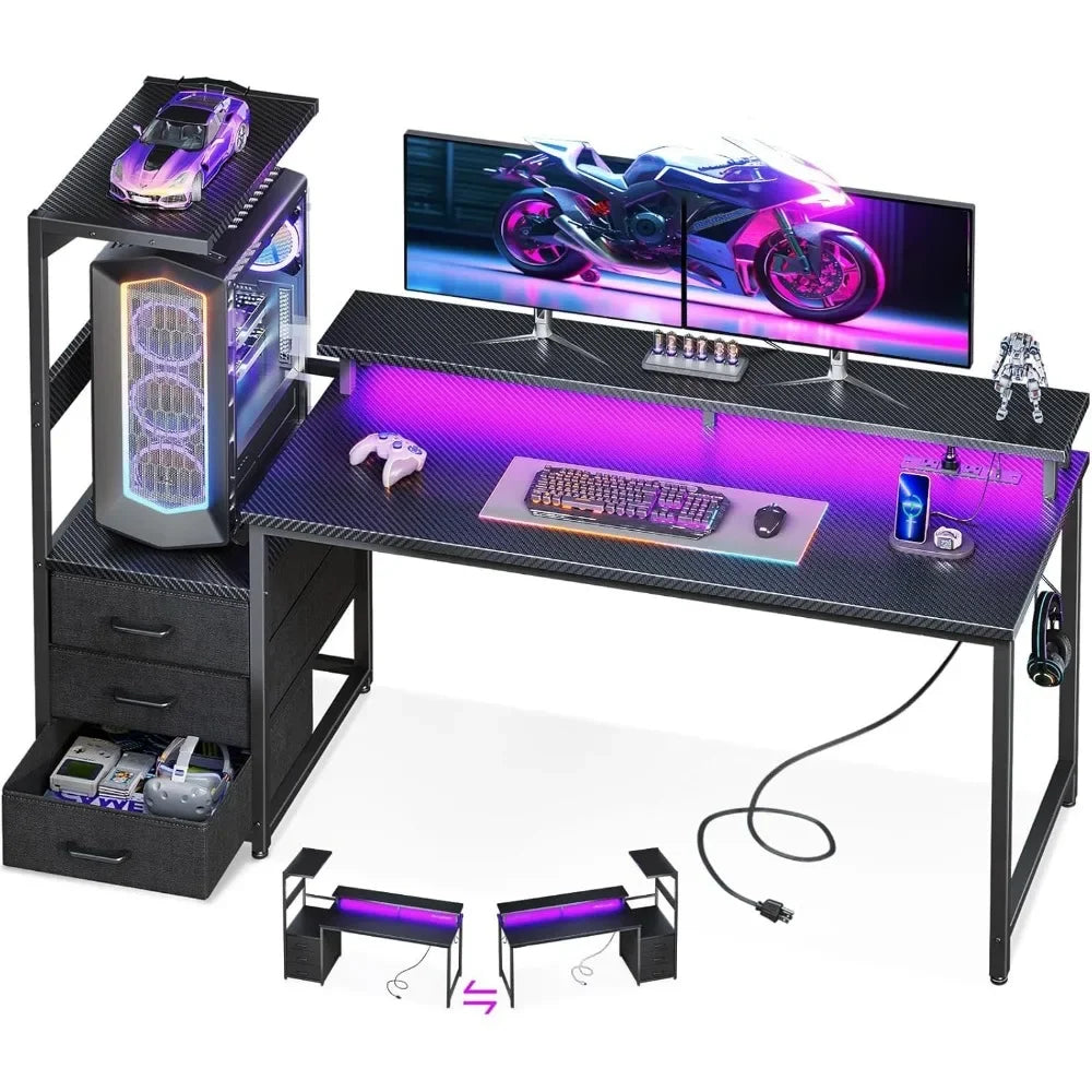 59 Inch Gaming Desk with USB Ports LED Light Reversible Storage Shelves