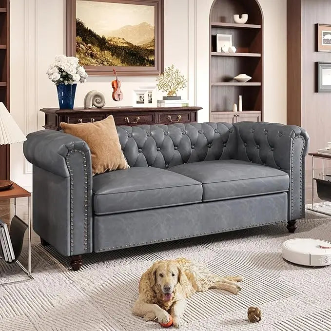 Chesterfield Faux Leather Sofa 72” Couch Tufted Rolled Arms for Living Room