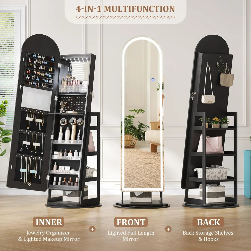 LED Mirror Jewelry Cabinet Lockable Standing Armoire with Adjustable Lights