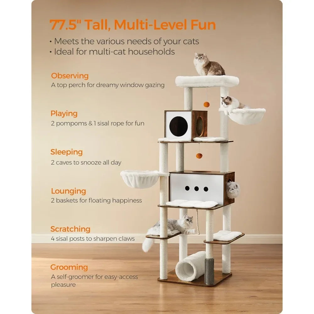Ljustra 77.5 Inch Tall Modern Cat Tree Multi-Level Cat Tower for Cats