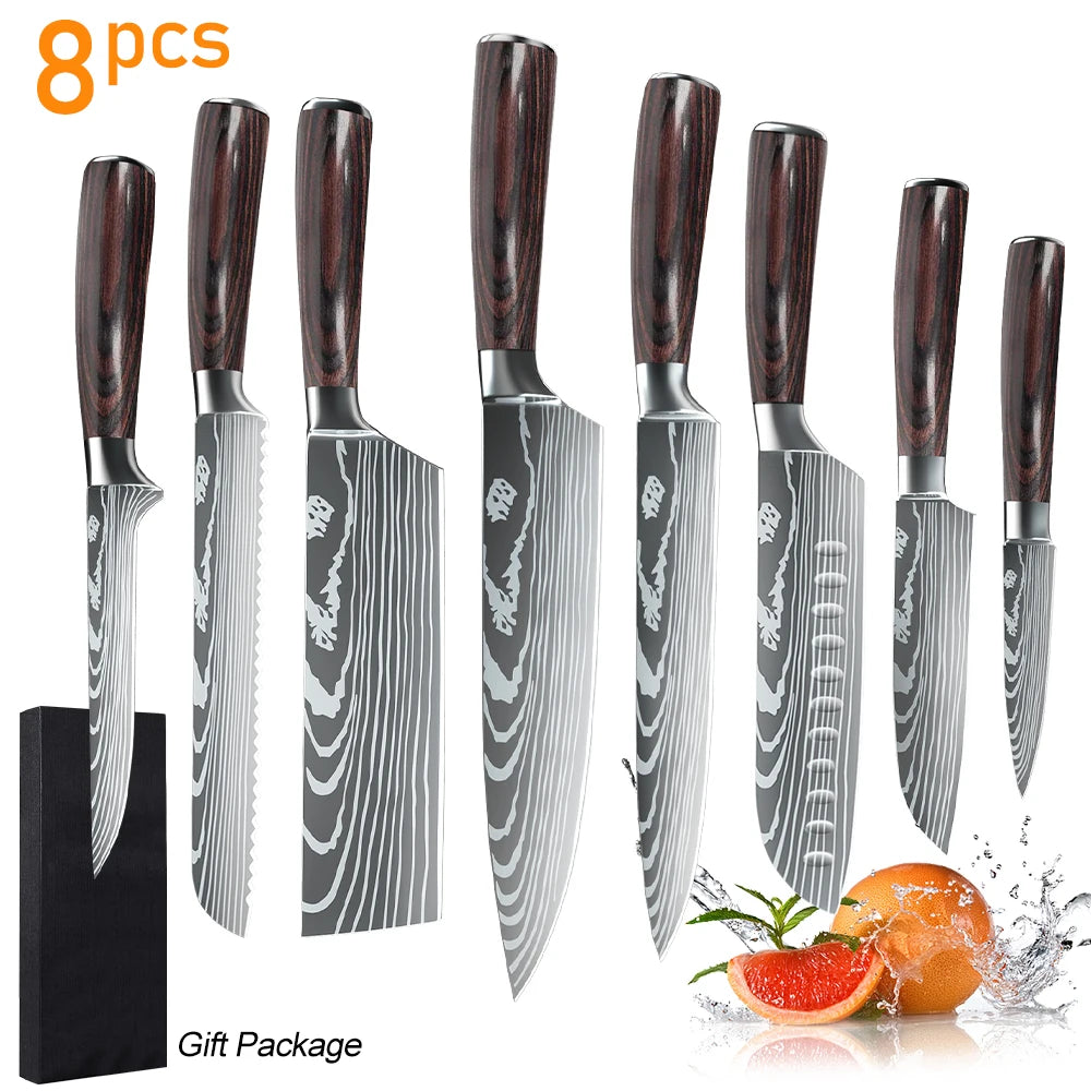 8PCS Stainless Steel Kitchen Knife Set Chef Cleaver Damascus Pattern