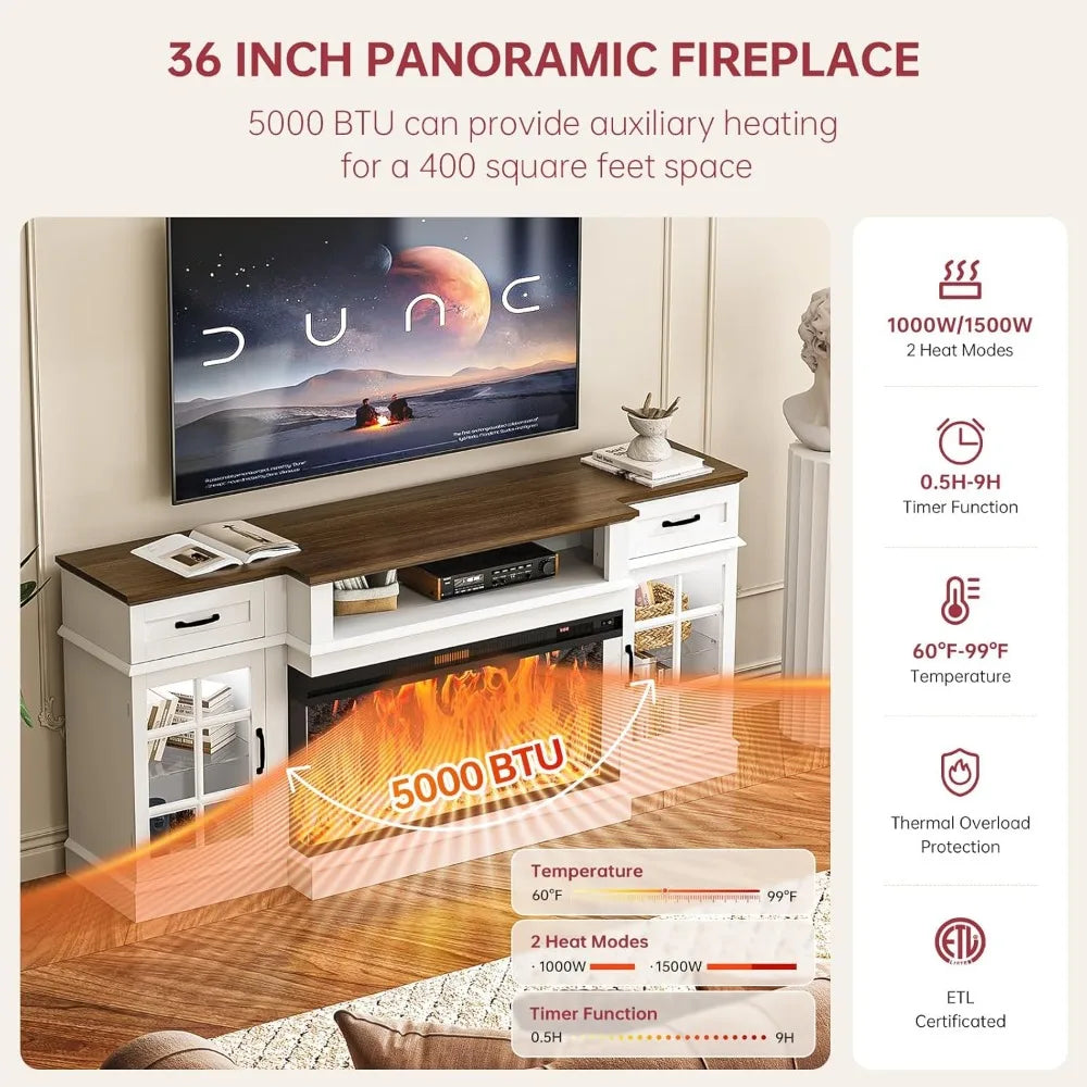 70 Inch Fireplace TV Stand Glass Electric Fireplace Farmhouse Style