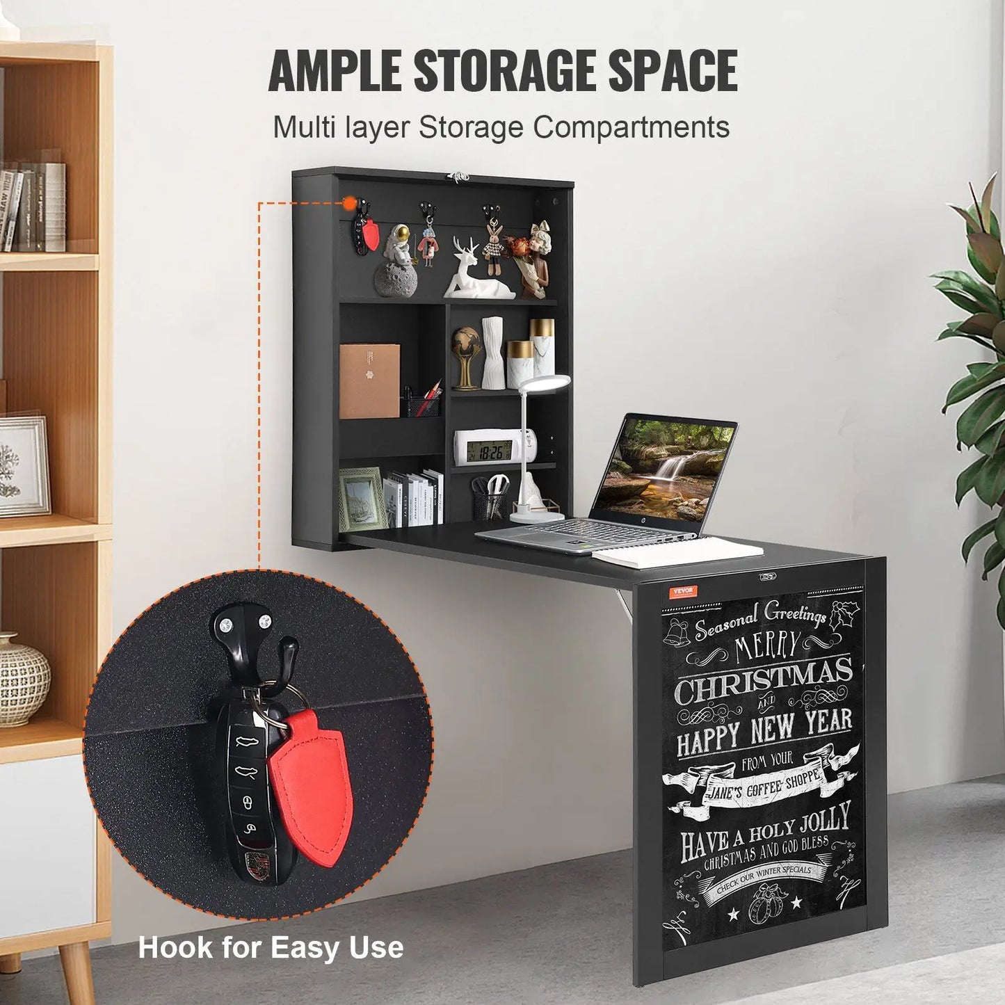 Space Saving Wall Mounted Desk with Storage and Blackboard for Home Office