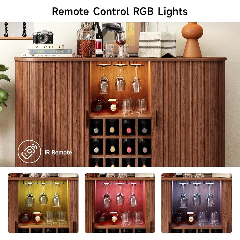 Modern 55 Inch Wine Bar Cabinet with LED Lighting and Wine Rack