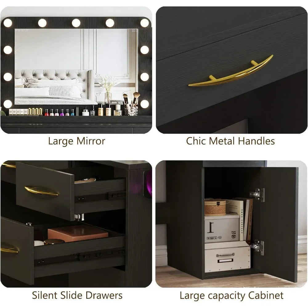 Large Makeup Desk with Lights Mirror Power Outlet 5 Drawers 2 Cabinets