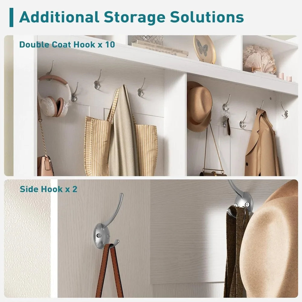 Farmhouse 58-Inch Entryway Hall Tree with LED Lighting Storage Bench