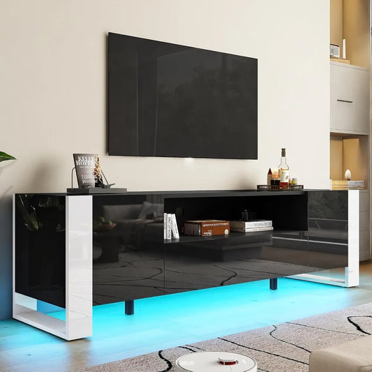 Modern 70 Inch TV Stand with LED Lights High Gloss Entertainment Center