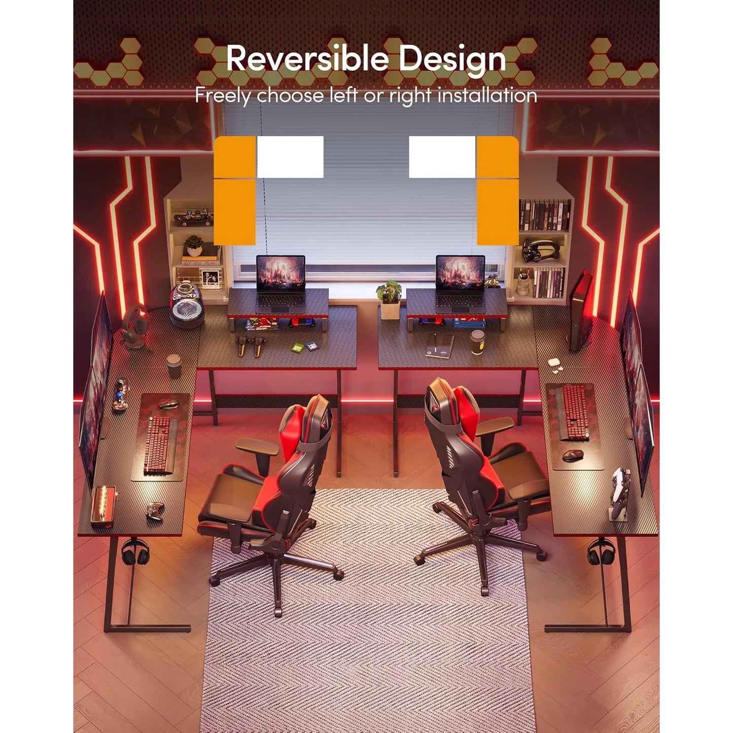 L Shaped Gaming Desk Corner Office Desk Carbon Fiber Monitor Stand 47 Inch