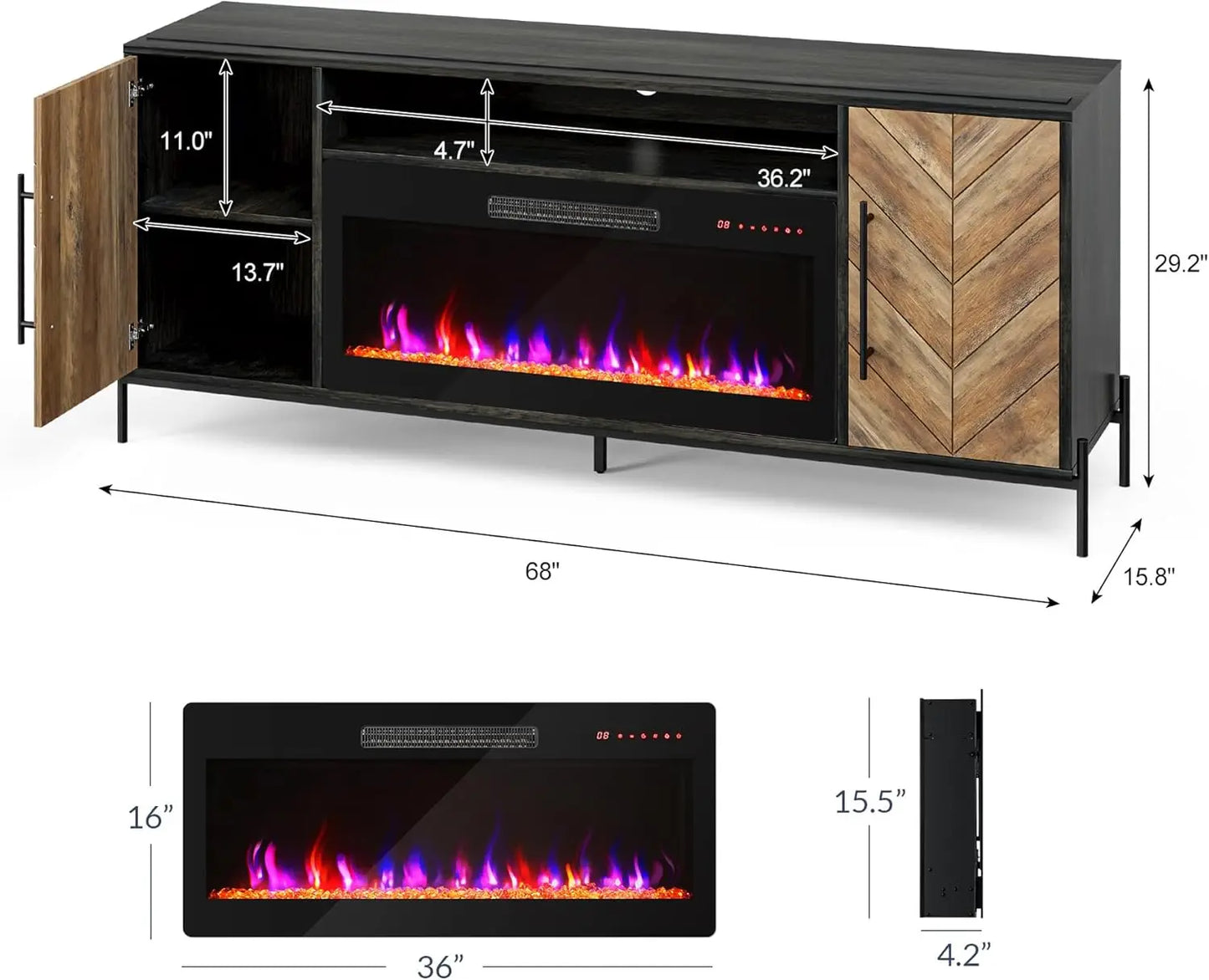 68 Inch TV Stand with Electric Fireplace and Storage Cabinet