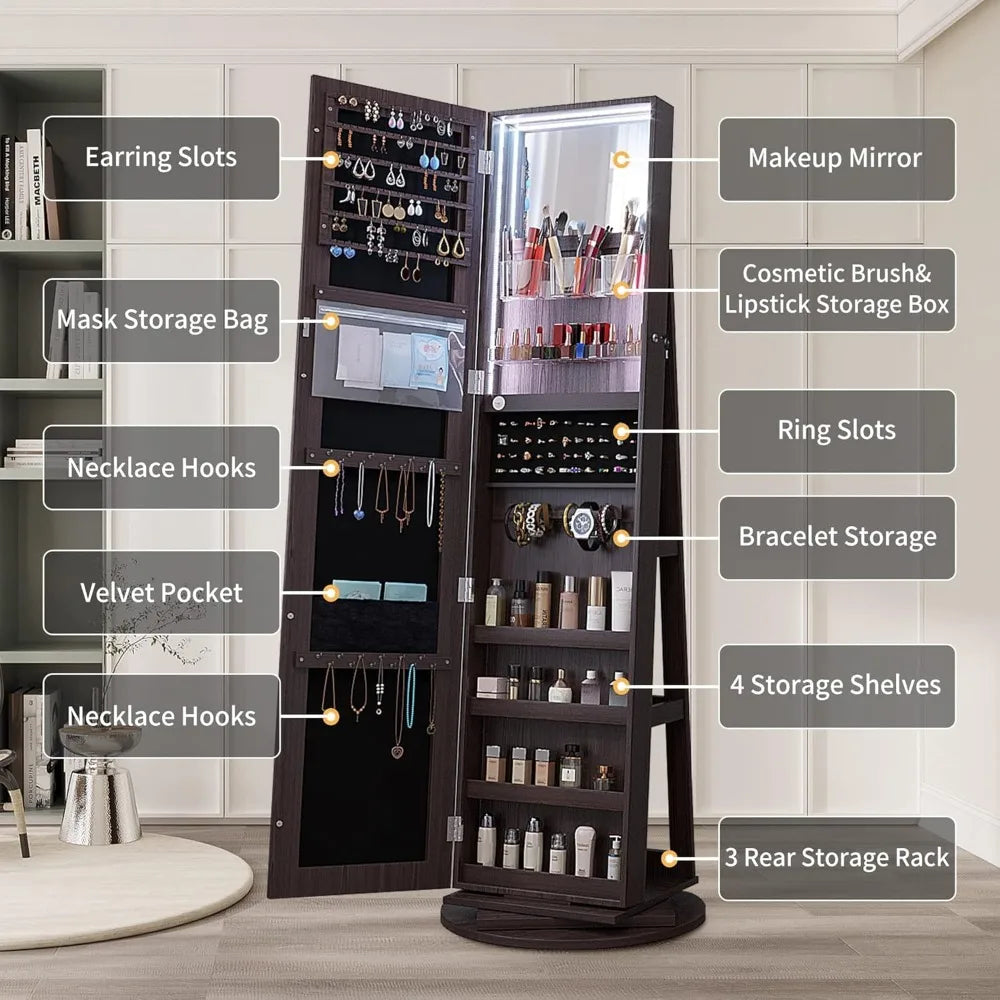Full Length Mirror Jewelry Armoire with LED Lights and Storage