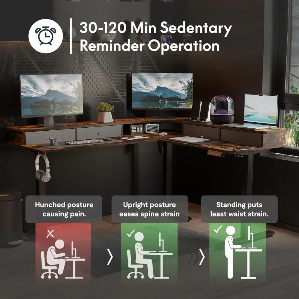 63 Inch L Shaped Electric Standing Desk with 4 Drawers and Shelf