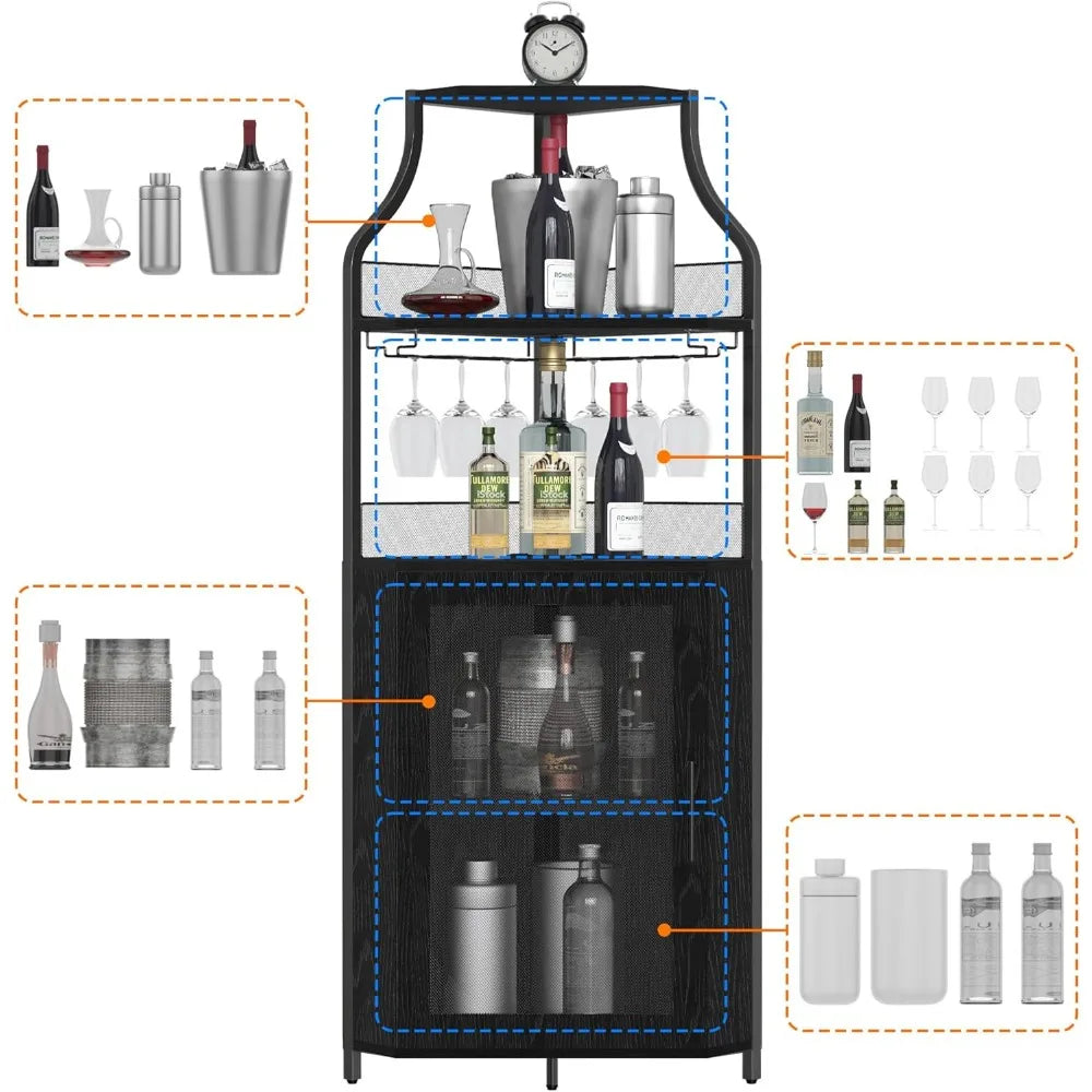 Corner Wine Bar with 5-Tier Storage Heavy Duty Industrial Design