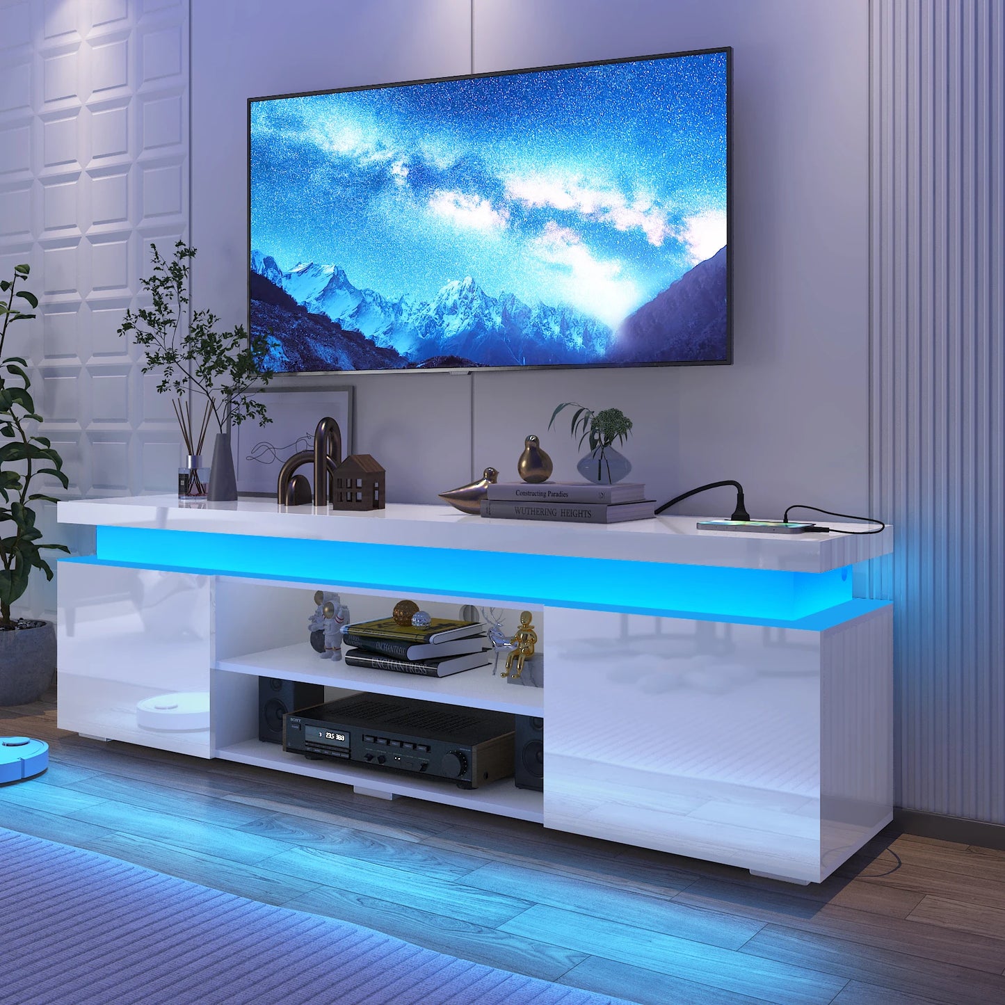 66 Inch LED TV Stand Modern Gaming Cabinet with Power Outlet Storage