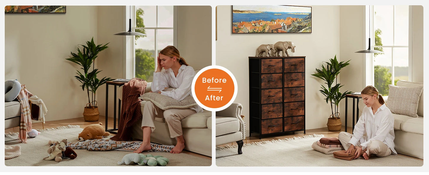 Ljustra Bedside Table with 10 Fabric Drawers Steel Frame Storage Unit