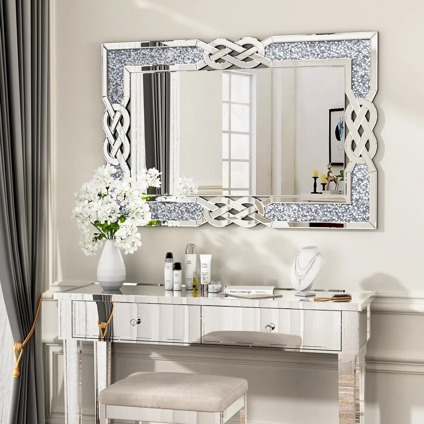 Large Crystal Crush Diamond Mirror Vanity Wall Decor for Bedroom Living Room