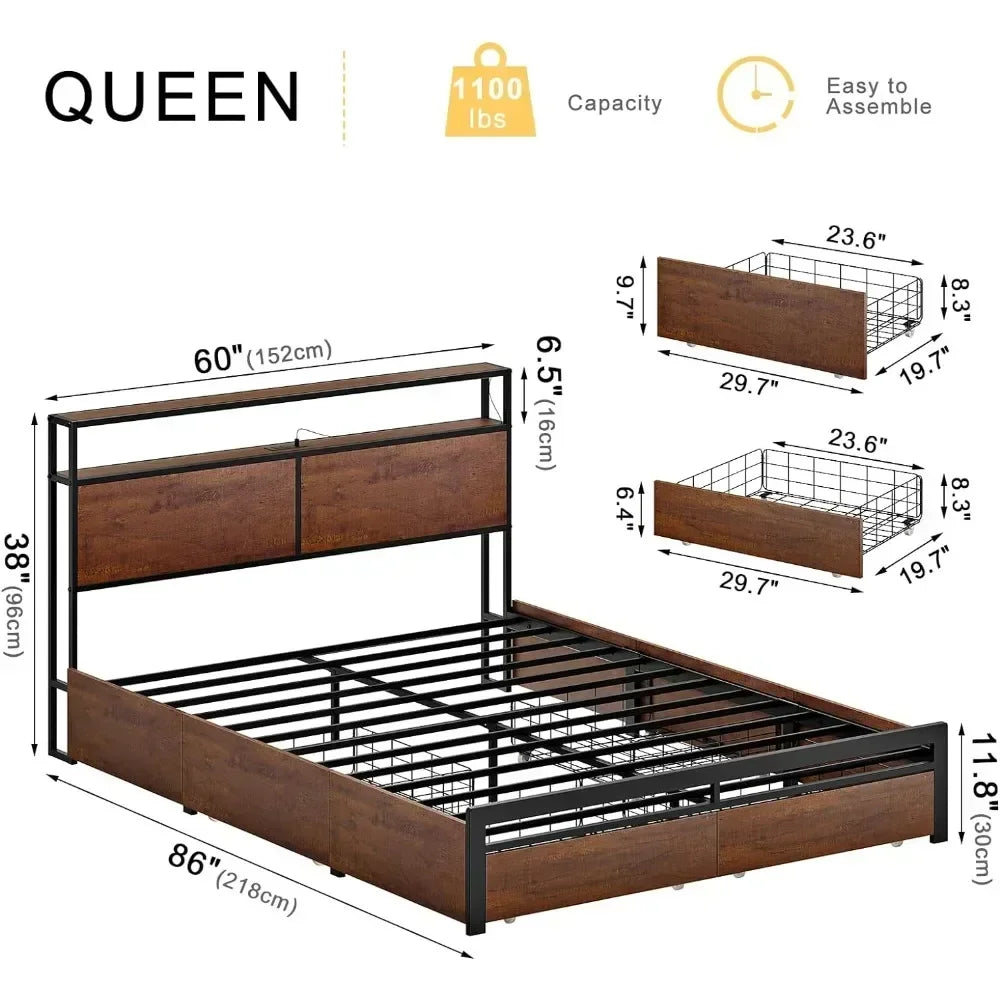 Queen Bed Frame with Storage Headboard 4 Drawers LED Lights Platform
