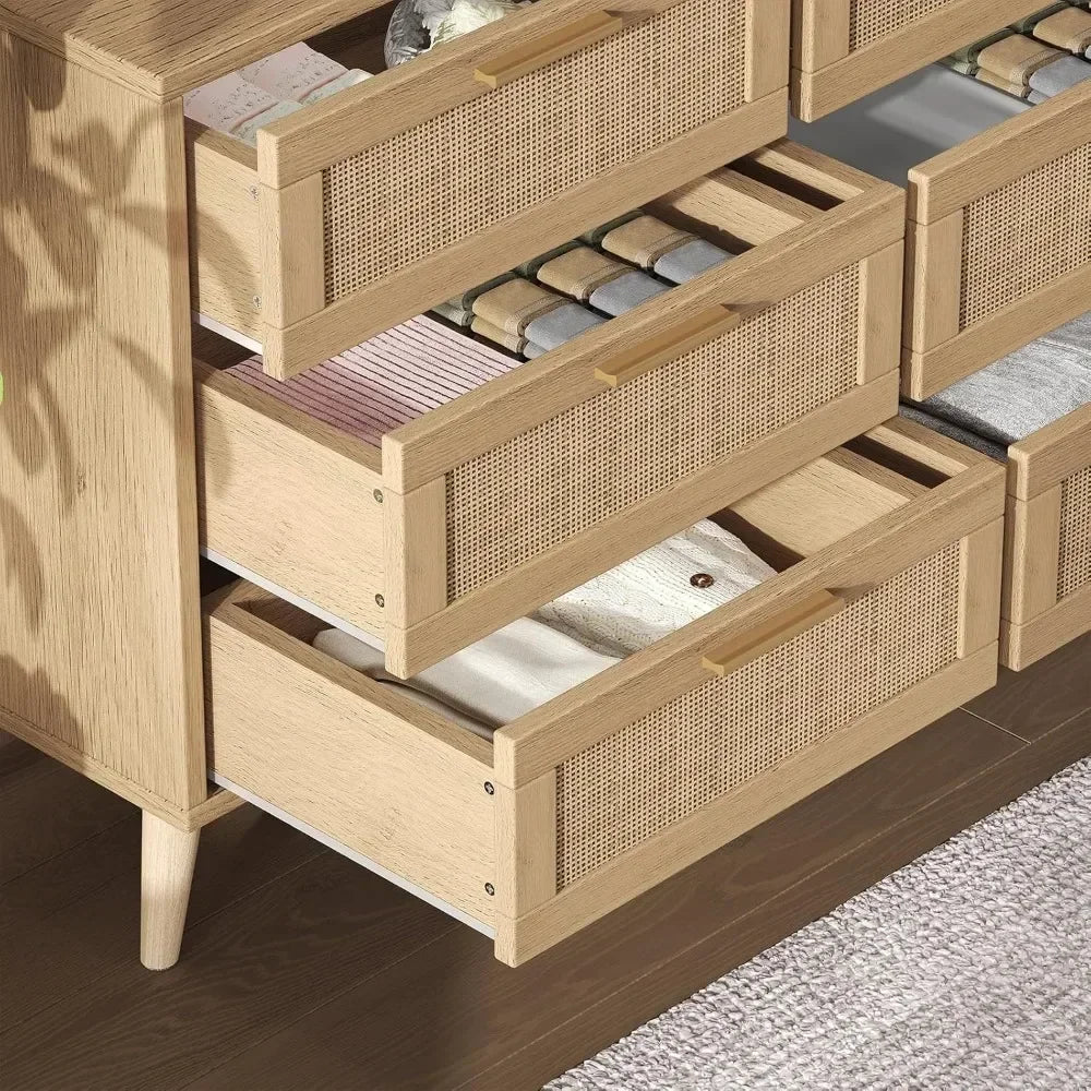 9 Drawer Double Dresser Modern Rattan Chest of Drawers Bedroom Storage