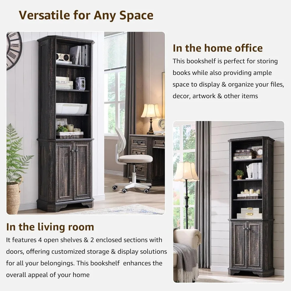 6-Tier Farmhouse Bookshelf Set of 2 with Storage Adjustable Shelves