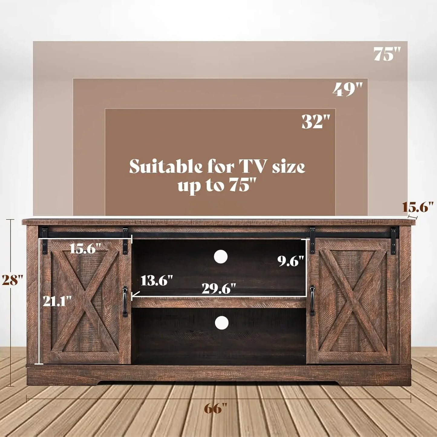 66 Inch Farmhouse TV Stand for 75 Inch TVs with Sliding Barn Door