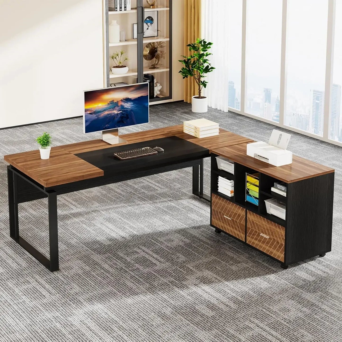 L-Shaped Executive Desk with Reversible File Cabinet Office Desk Set