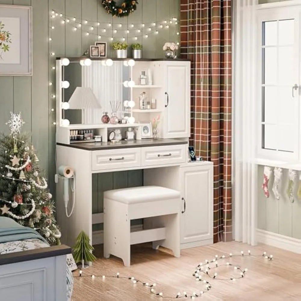 Makeup Vanity Desk with Mirror Lights Charging Station and Storage
