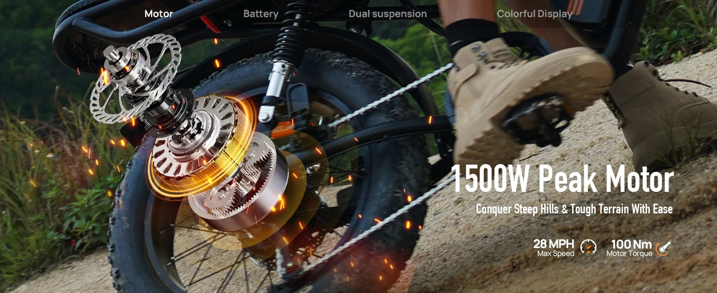 1500W Electric Mountain Bike 48V 100 Mile Range Fat Tire E-Bike