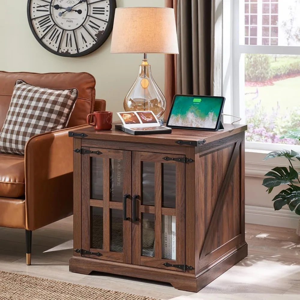 Farmhouse End Table with Charging Station Rustic Wood Nightstand