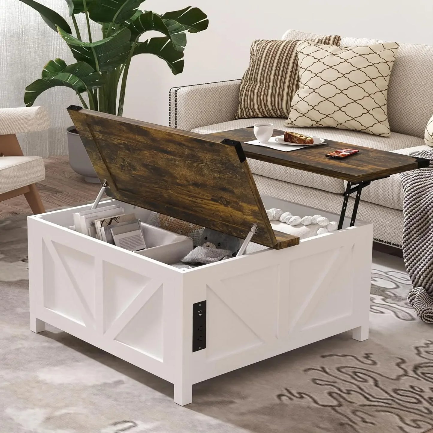 Lift Top Coffee Table Rattan Center Table Large Storage Farmhouse Style