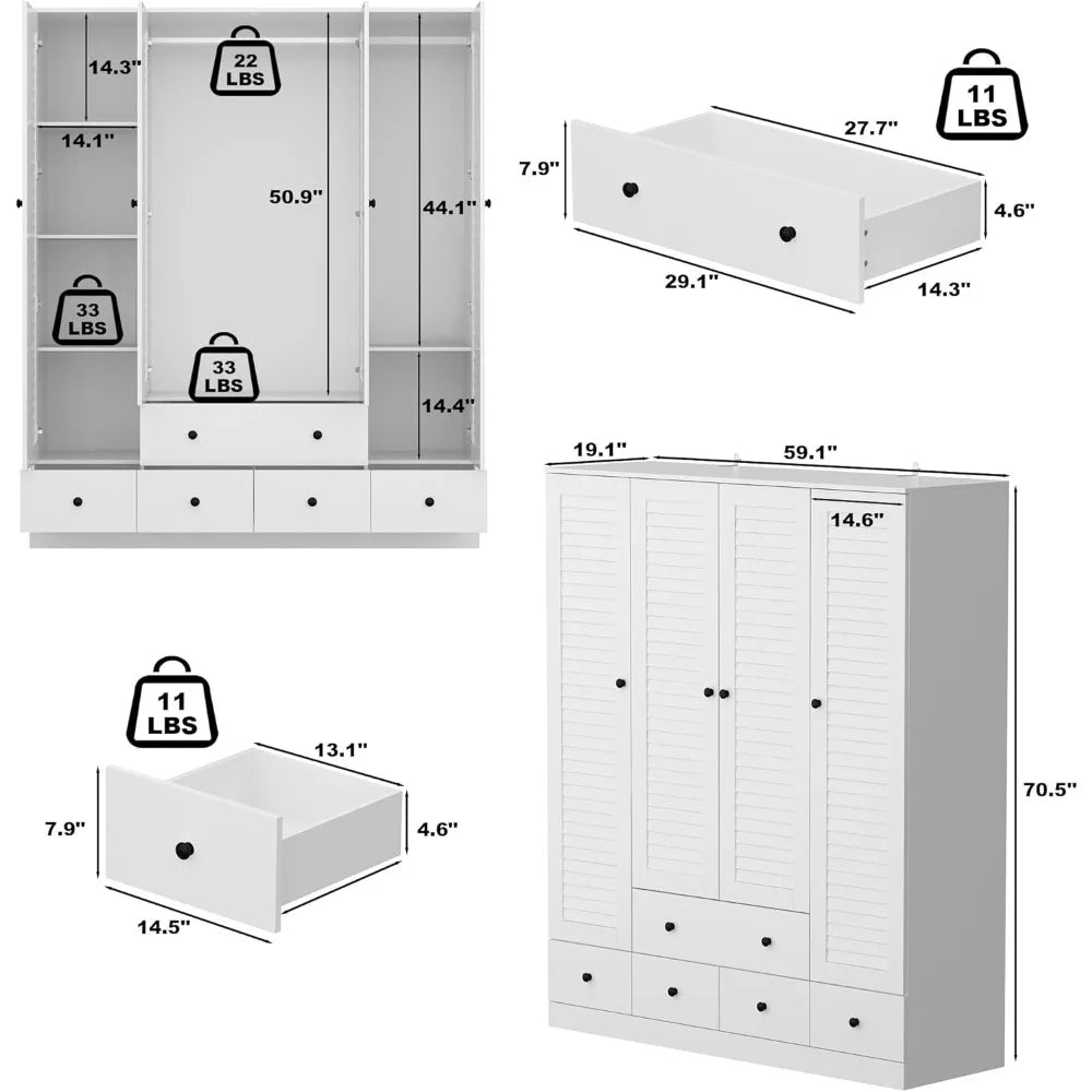 Ljustra Wardrobe Armoire with Louvered Doors 5 Drawers Bedroom Storage