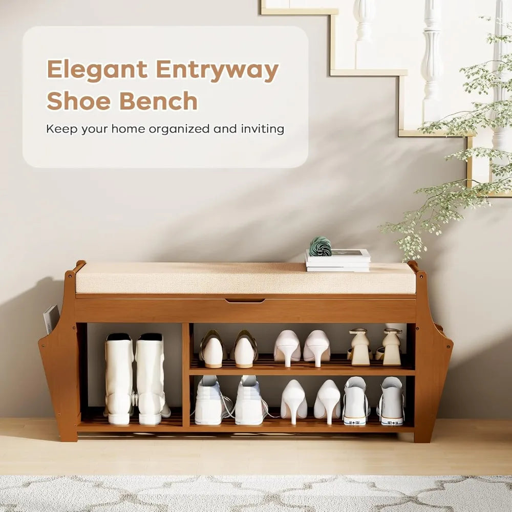 39.4in Bamboo Shoe Bench with Storage Cushion Entryway Organizer