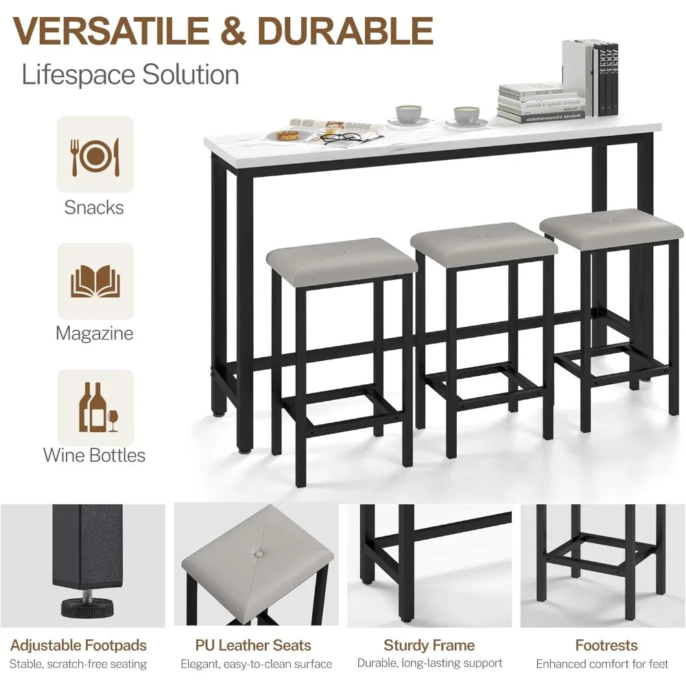 Bar Table Set for 3 Faux Marble Rectangular Dining Set with Stools