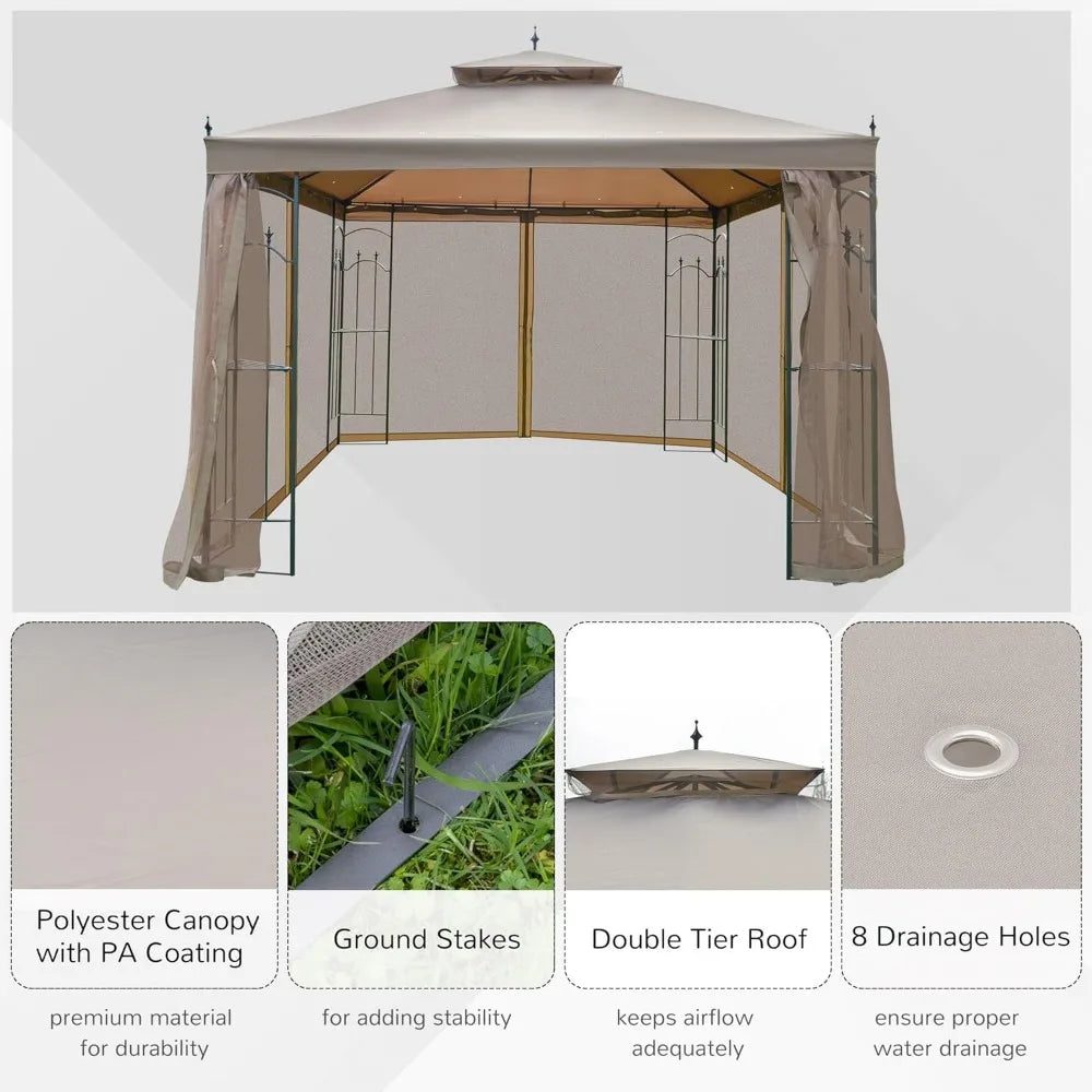 10x10 Patio Gazebo Double Roof Outdoor Shelter with Netting and Shelves