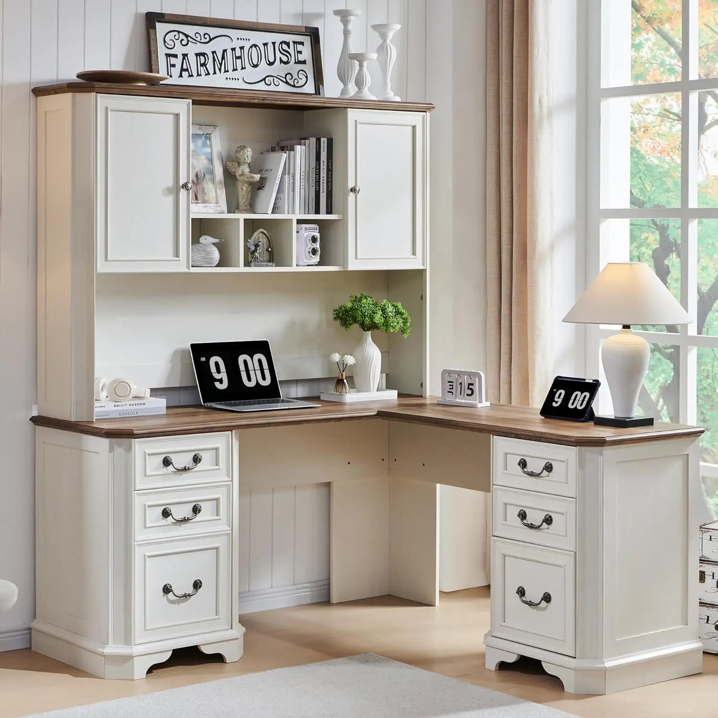 59 Inch L Shaped Executive Desk with Hutch Storage Charging Station