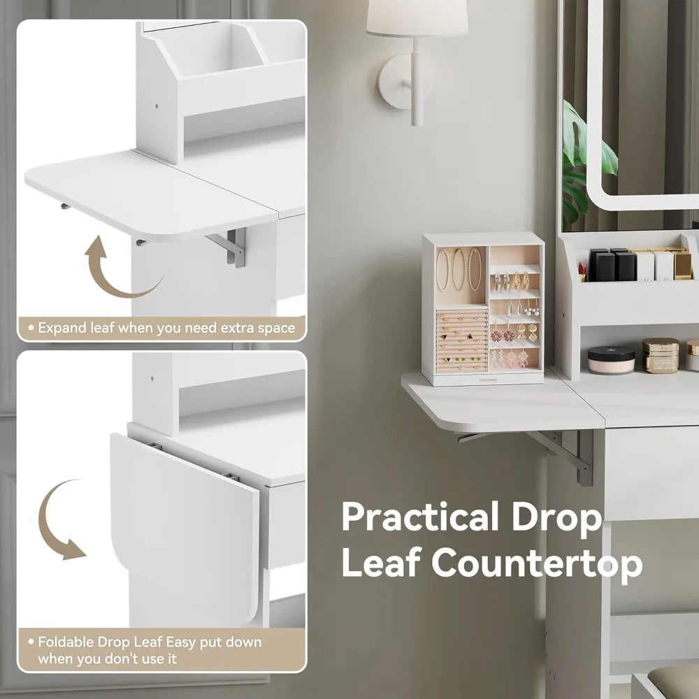 Vanity Desk with Mirror Lights Power Outlet Makeup Table Storage