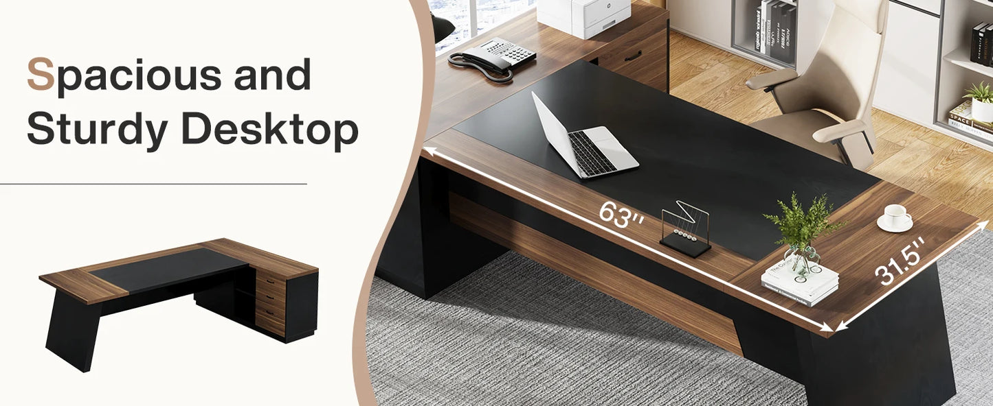 Modern L-Shaped Executive Desk with Drawers and File Cabinet Office