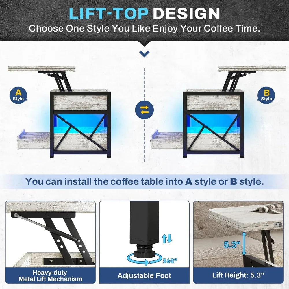 40 Inch Lift Top Coffee Table with Storage LED Light and Drawers