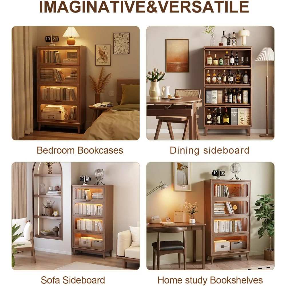 Ljustra Solid Wood Book Case 4Tier Bookshelves with Tempered Glass Doors