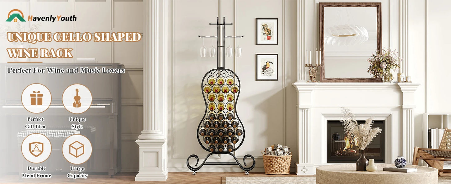 Freestanding Wine Rack for 32 Bottles with Glass Holder Metal Organizer