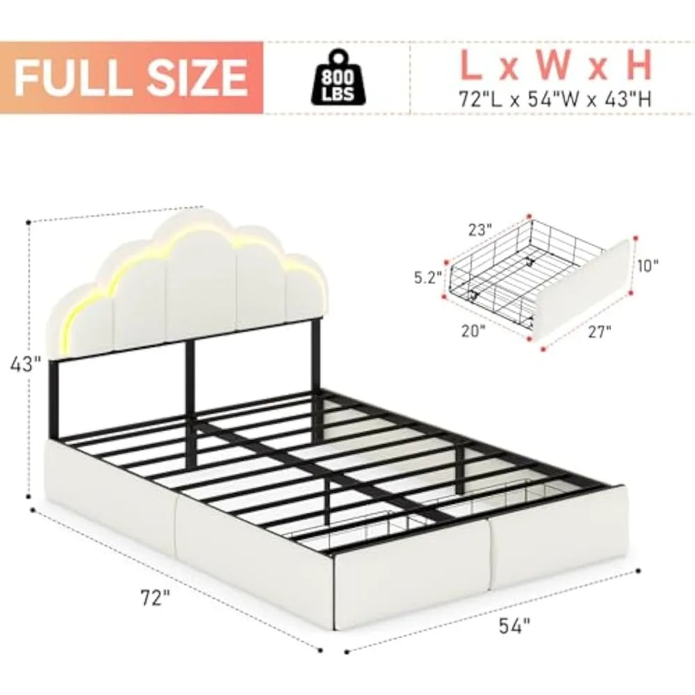 Full Upholstered LED Bed Frame with Storage Drawers and Wavy Headboard