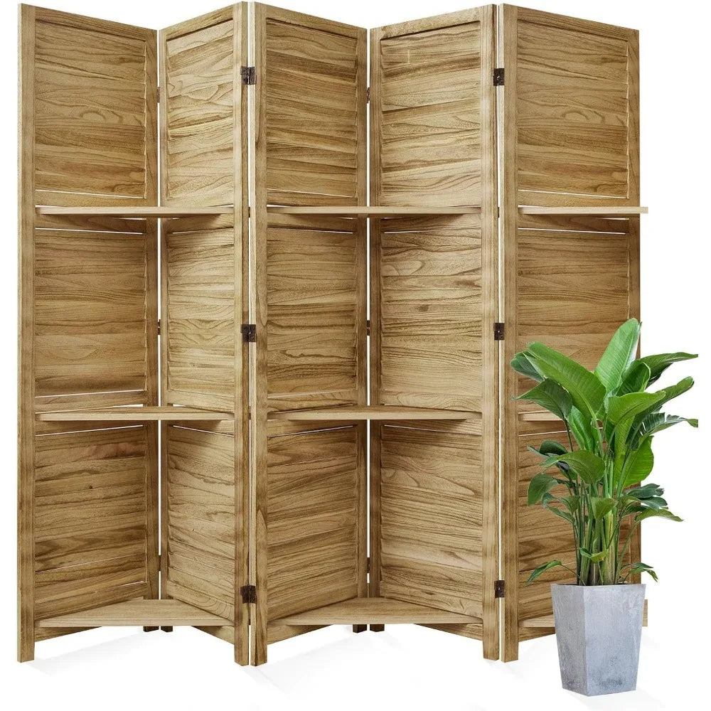 Ljustra Folding Wood Privacy Screen Room Divider with Shelves for Home Office