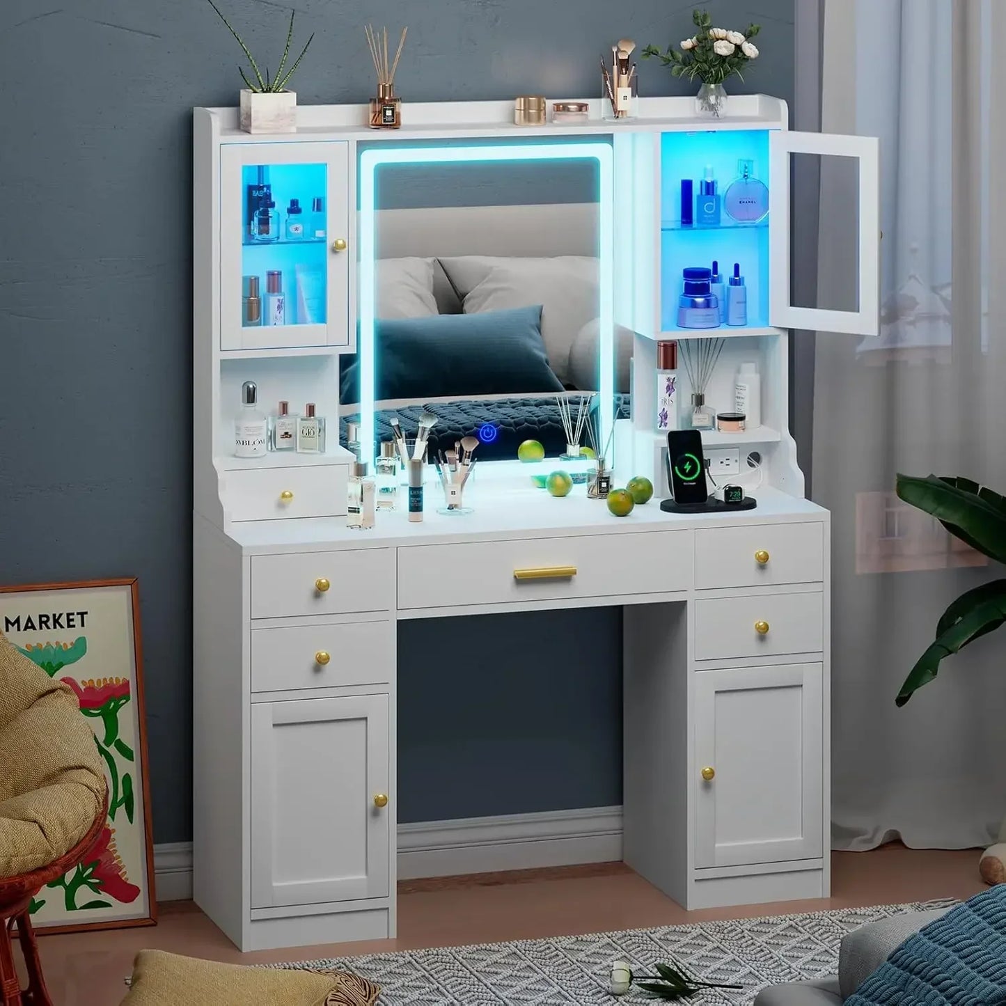 Large Vanity Table Set with Charging Station Makeup Desk and RGB Lights