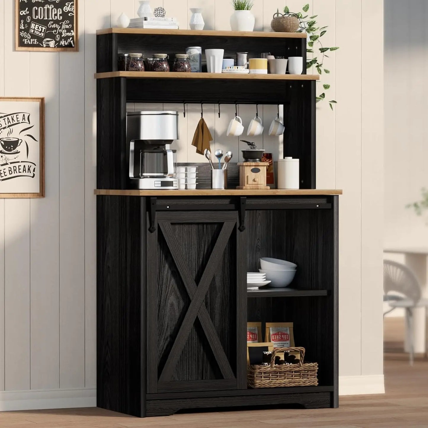 Farmhouse Coffee Station with Storage Hutch and Hooks for Living Room