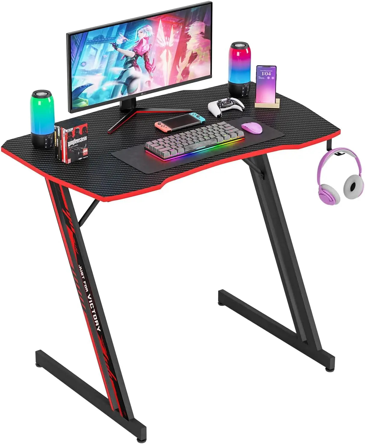 Modern 47 Inch Z-Shaped Gaming Desk with Headphone Hook Home Office